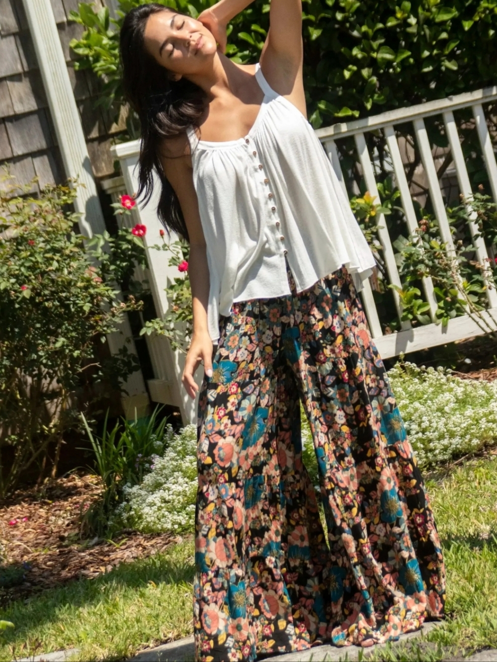 NATURAL LIFE Floral Wide Leg Pants in Black, Teal & Coral - Picture 14 of 14